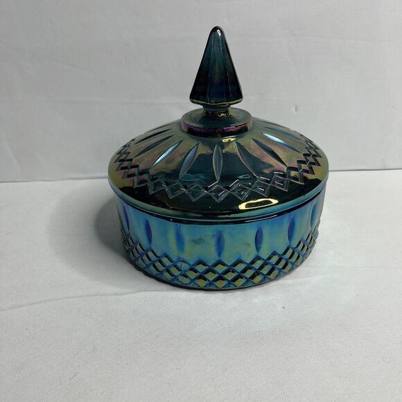 Vintage Indiana Glass Princess Blue Carnival Iridescent Candy Dish With Lids - Picture 3 of 10